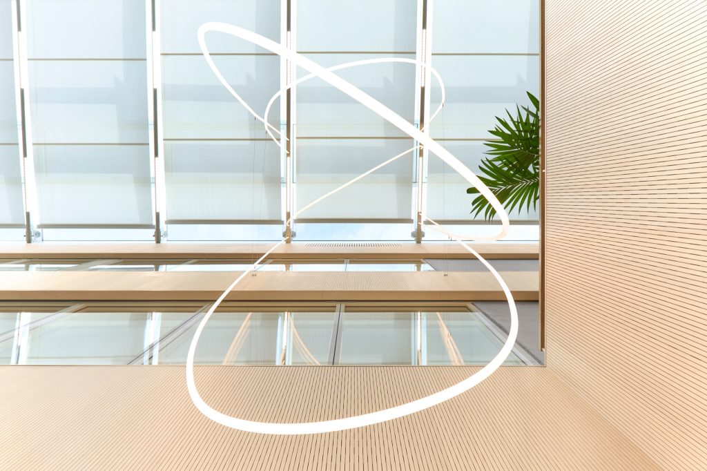 Looping tubular light sculpture suspended against the glazed roof and slatted timber soffits