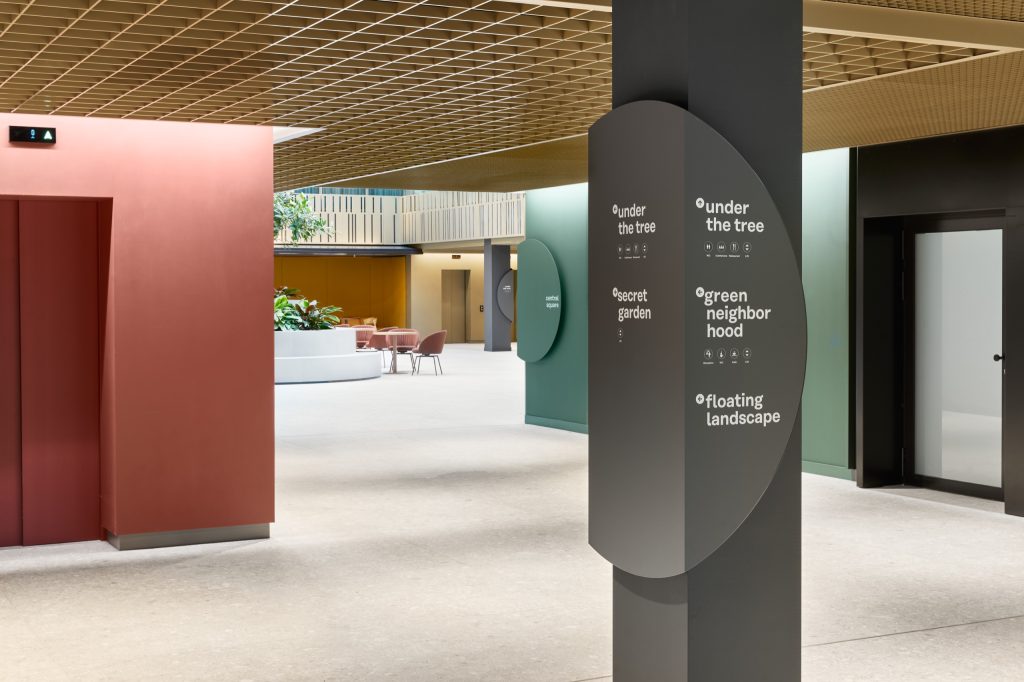 Dark wayfinding discs naming the four courtyards, beside a terracotta lift core and sage partitions