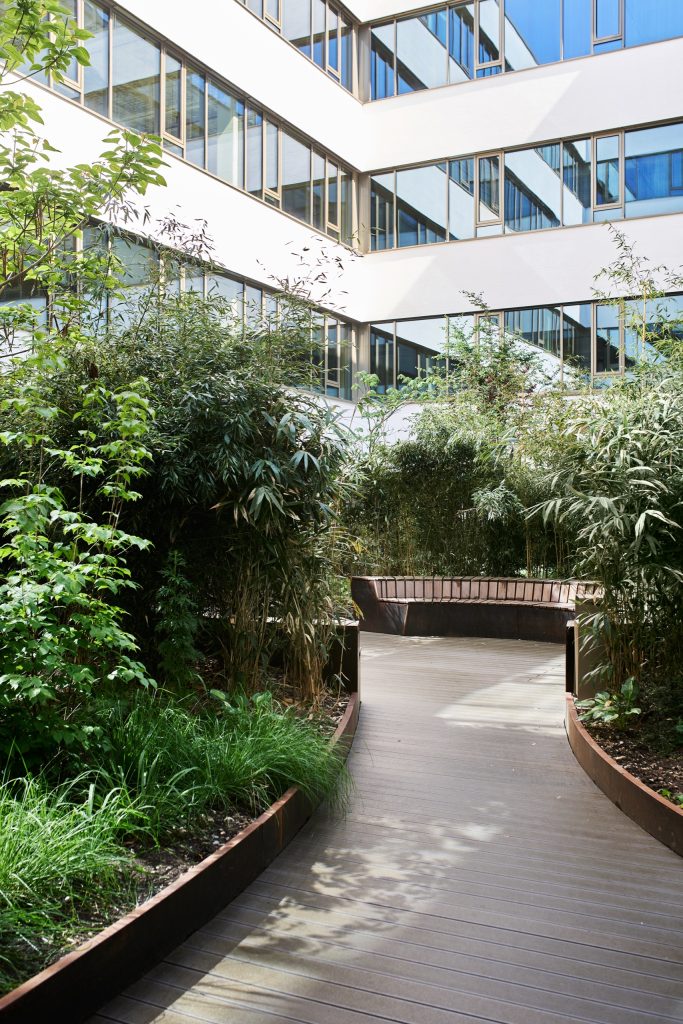 Boardwalk winding through bamboo and corten planters toward a curved timber bench
