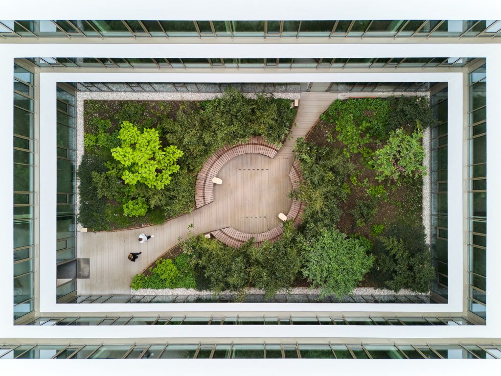 Courtyard seen from above: a circular timber bench enclosing a deck, dense planting on either side