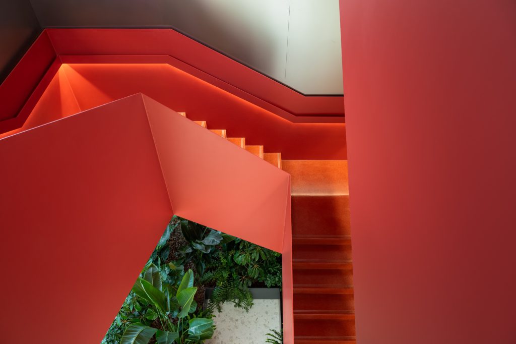 Looking down a red stair flight washed with concealed light, planting at its foot