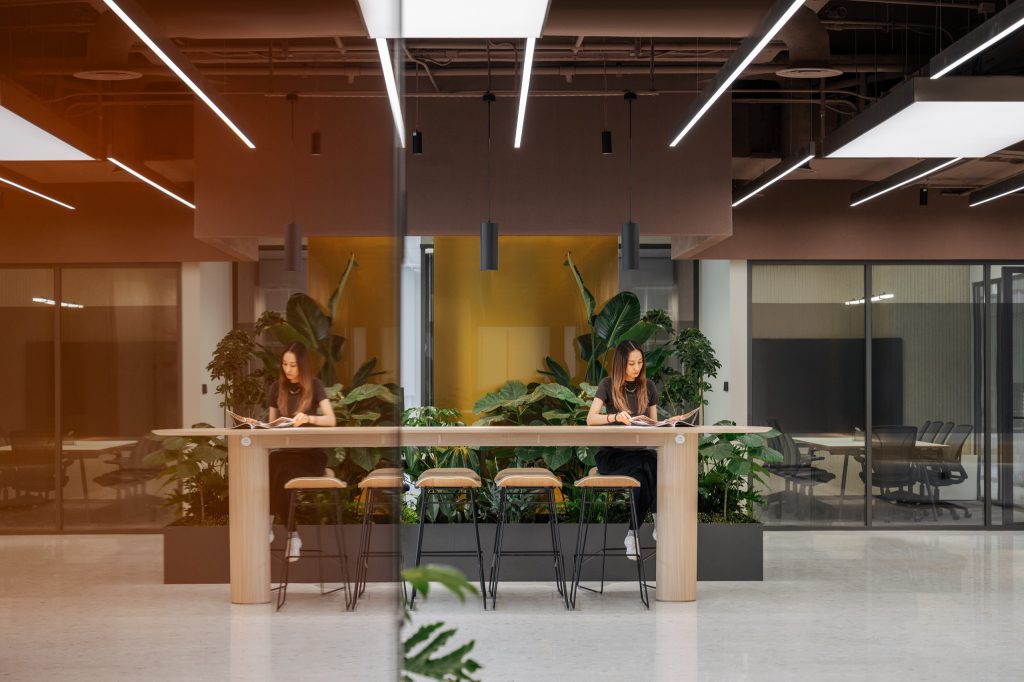 Glass-walled meeting room beside a courtyard of maple and broadleaf planting