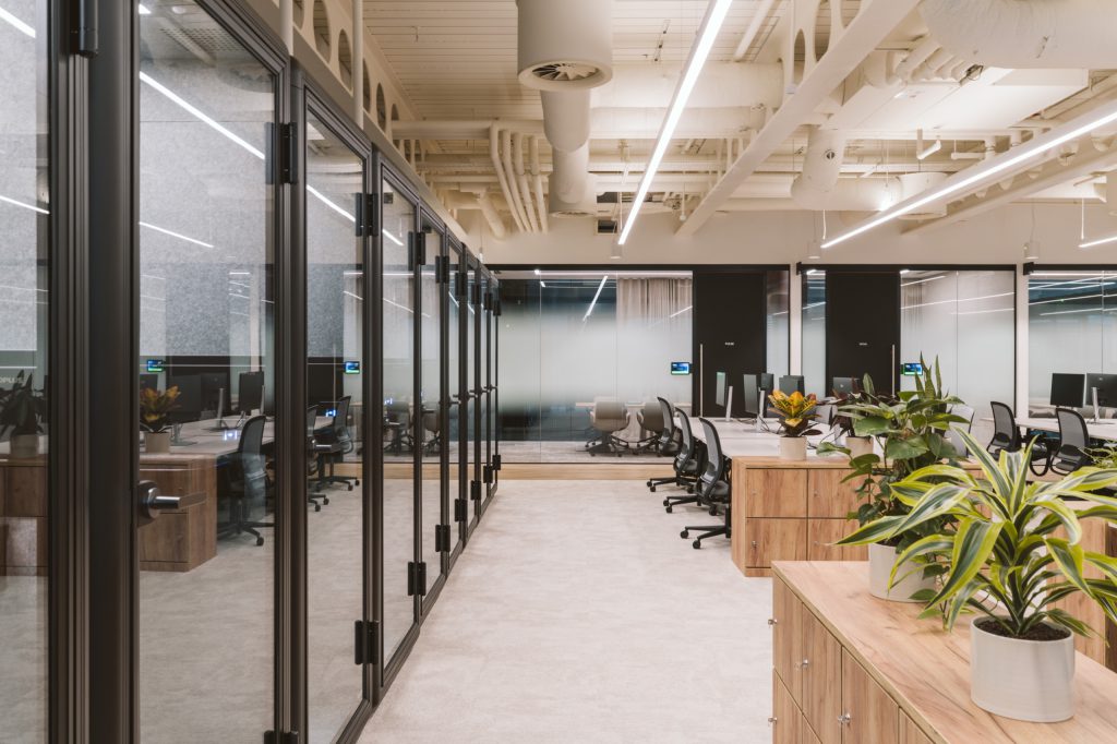 Corridor past black-framed glass meeting rooms named Pulse and Nova, open desks and planted lockers to the right